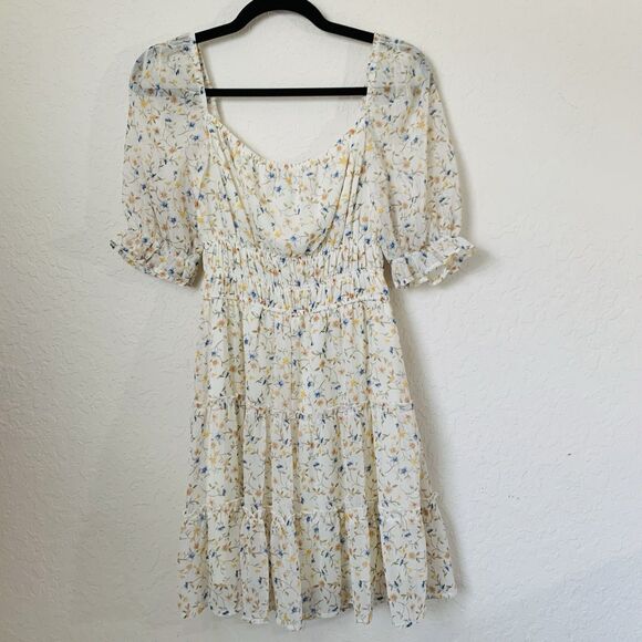 Blue Rain Dress Women S Beige Ditsy Floral Mini Puff Cottagecore Peasant Boho - Picture 4 of 12